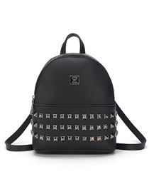 Fashion Black Pu Large Capacity Rivet Backpack