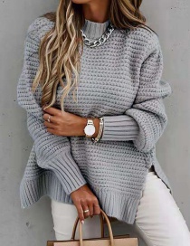 Fashion Grey Long Sleeve Pullover Knitted Split Sweater