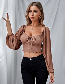 Fashion Brown Square-neck Pleated Lace-up Puff Sleeve Top