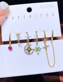 Fashion Gold Bronze Zirconium Star And Moon Chain Geometric Earrings Set