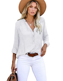 Fashion White Polyester V-neck Button-up Shirt