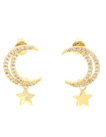 Fashion Star And Moon Brass Gold Plated Diamond Star Moon Stud Earrings