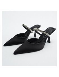 Fashion Black Pointed-toe Rhinestone Strappy Stiletto Sandals