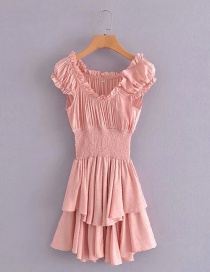 Fashion Pink One-shoulder Jacquard Hem Irregular Ruffle Dress