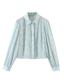 Fashion Blue Printed Lapel Button-breasted Chiffon Shirt