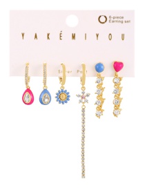 Fashion Gold 6-piece Set Of Copper Inlaid Zircon Water Drop Love Oil Drop Flower Earrings
