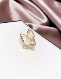 Fashion Real Gold Plated Pearl Zircon Water Drop Butterfly Ring Inlaid With Rice Beads