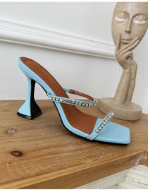 Fashion Sky Blue Rhinestone Strappy Square Toe High-heeled Sandals
