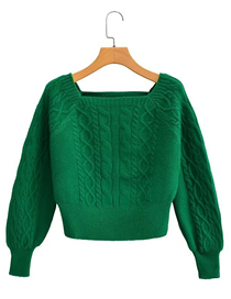 Fashion Green Solid Color Square Neck Long Sleeve Twist Knit Pullover Sweater