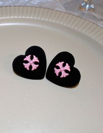 Fashion 16# Pink Cross Love Metal Cross Flocking Heart Stud Earrings