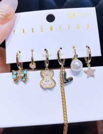 Fashion Gold Mermaid Princess Pearl Bear Bow Love Earrings Set