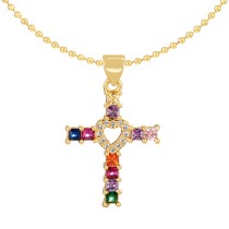 Fashion Golden 6 Copper Paved Zirconia Heart Cross Pendant Bead Necklace