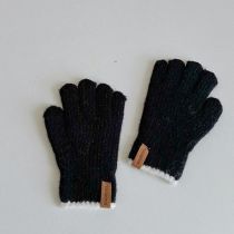 Fashion Black Children's Woolen Five-finger Gloves With Leather Labels