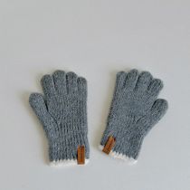 Fashion Grey Children's Woolen Five-finger Gloves With Leather Labels
