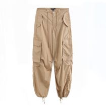 Fashion Khaki Polyester Cargo Trousers With Large Pockets And Leggings
