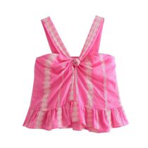 Fashion Pink Polyester Printed Twist Halter Top 